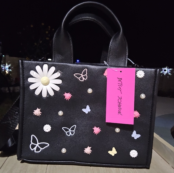 Betsey Johnson Black Tote with Floral and Heart Design - Picture 1 of 6